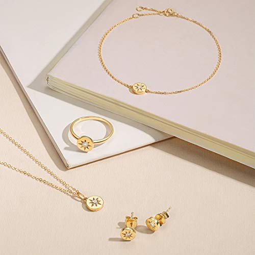 Carleen 14K Solid Yellow Gold Round Circle 0.06Ct Diamond Star Starburst Compass Forever Love Friendship Dainty Delicate Bracelet For Women Girls, 6" + 1.2" #TOP5