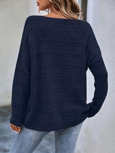 Image of Women's Sweater Soft Boat Neck Long Sleeve Oversized Sweaters Crochet Pullover Knit Tops