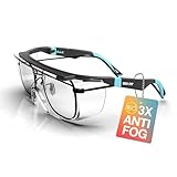 DEX FIT Safety Glasses Over Eyeglasses SG210N - Anti-Fog & Scratch Resistant Z87.1 Certified, Adjustable Temples, Side Shields, UV Protection, Clear Lens PPE for Men & Women; Black & Blue, 1 PC