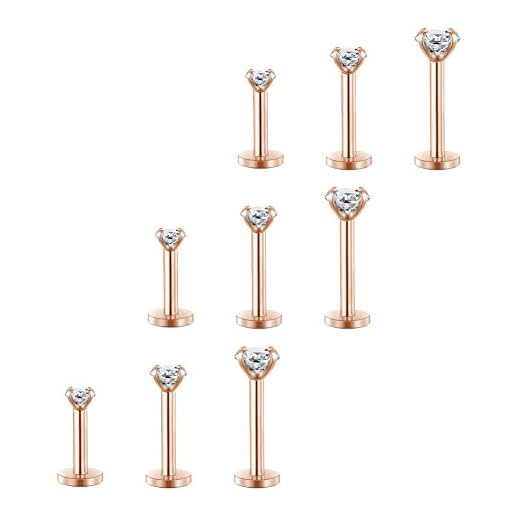 2-4 mm klar rund CZ ädelsten internt gängad Labret Monroe läppring tragus spik helix örhänge stud skivstång piercing smycken stång 6-10 mm 16G 9 st, Rostfritt stål