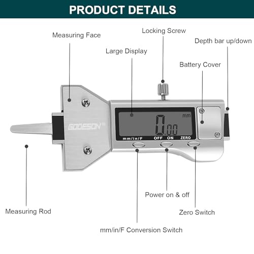 Image of GODESON Metal Digital Tire Tread Depth Gauge, LCD Display Tire Tread Depth Gauge with 3 Modes-Fractional Inch, Decimal Inch and Millimeter,Precision Professional Measuring for Motorcycle, Car, Trucks