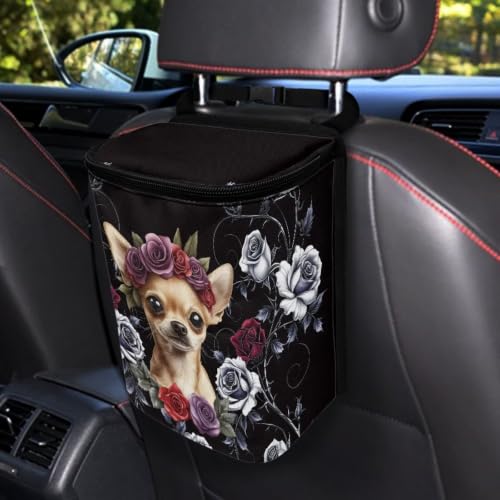Image of Talayituse Chihuahua Rose Pattern Car Trash Can with Lid, Leak Proof Auto Trash Bag Hanging Vehicle Garbage Can Multipurpose Storage Container for Back Seat Road Trip