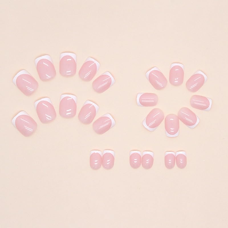 JUSTOTRY 24 Pcs Classy Pink False Nails Short Pattern,White French Square Press on Nails,Glossy Fake Nails Medium for Nail Art Squoval Stick on Nail for Women Gifts - Image 3