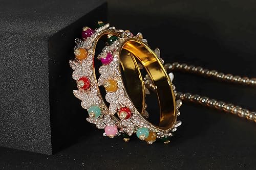 Image of LAVAZZA Stylish Butterfly Design Golden Metal with Zircon Diamond & Pearls Moti Bangles Kada For Women & Girls | Traditional Girl's Bangles Bracelet | Women's Kangan Wedding, Party-Set of 2