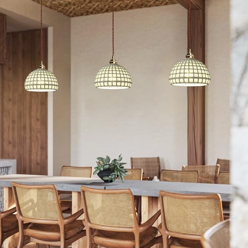 Image of Modern Ceramic Pendant Light Farmhouse Brass Finish Sky Blue Pendant Light Mid Century Ceiling Hanging Lamp for Kitchen Island Bedroom Bedside
