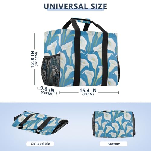White and Blue Calla Lilies Utility Beach Tote Collapsable Beach Tote With Compartments Reusable Grocery Shopping Bags Canvas Laundry Totes Bags3