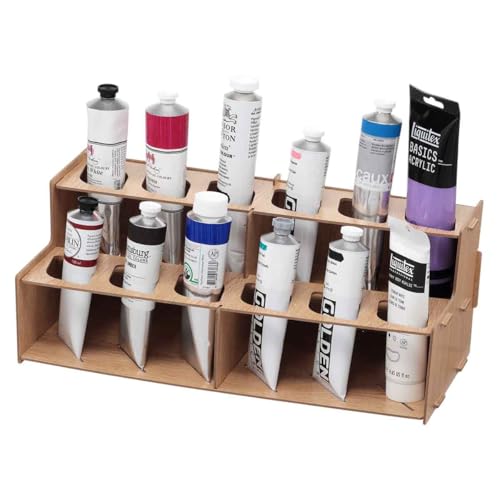 Image of HG Art Concepts Mezzo Artist Paint and Brush Racks - Wood Grain Laminate Multi Layer Desk Stand Professional Storage Display Organizer for Paintbrushes & Large Tubes - 3 Pack