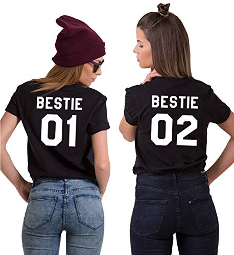 T-Shirt Best Friends pour Fille Bestie 01 02 T-Shirt BFF Tee Shirt Meilleure Amie Tee Shirt BFF Cadeau Sister T-Shirt 100% Coton Noir Blanc Gris 1 Pièce(Noir-Bestie02,S)
