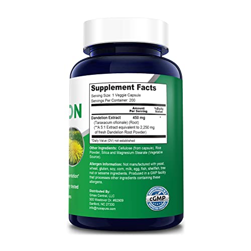 Nusapure Dandelion Root Extract 2,250Mg 200 Veggie Capsules (Non-Gmo, Extract 5:1 & Gluten Free) #TOP1