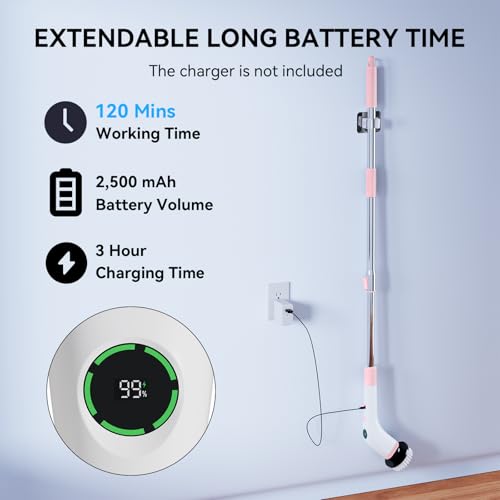 Image of Electric Bathroom Cleaning Brush, Cordless Spin Scrubber Full Body Waterproof IPX7 with Adjustable Handle, 8 Replaceable Brush Heads for Bathtub /Kitchen /Window /Home -SD-CTB01