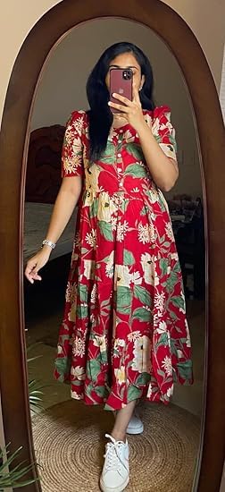 Image of Women's Floral Printed Tiered Midi Dress, Puff Sleeves, Square Neck, Button-Front