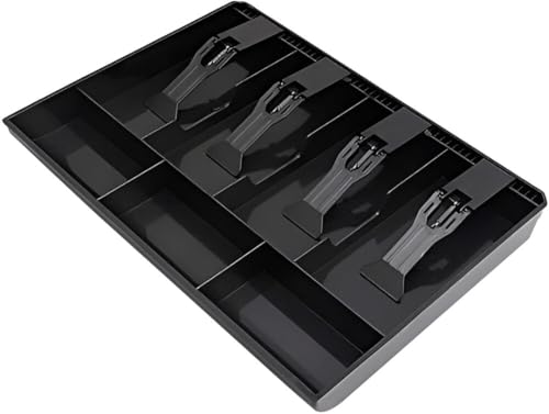 Image of Cash Drawer Insert Tray with 5 Bill Compartments and 4 Coin Sections, Plastic Currency Organizer with Spring Clips, Black (4 Slot)
