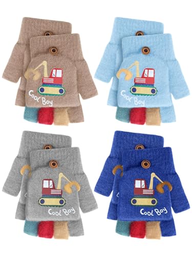 Geyoga 4 Pairs Winter Kids Convertible Knit Flap Mittens Fingerless Gloves Toddler Half Finger Mitten with Flip Top for Aged 3-10