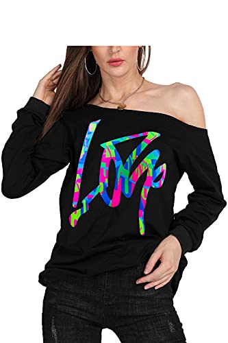 Image of MAGICMK Woman's Sweatershirt Lips Print Causal Blouse Off The Shoulder Long Sleeve Loose Slouchy Pullover Plus Size Tops
