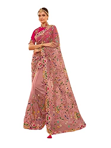 Sari indien de mariage 7701 rose multicolore de 6.3 mètres avec blouse