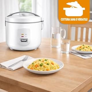 BAKAJI Cuociriso Elettrico Capacità 1.8 Litri con Cottura Automatica Sana e Veloce, Cuoci Riso Potenza 700 W per Cucina Carne, Verdure, Frutta e Fiori, Pentola Antiaderente, Facile Utilizzo (Bianco)