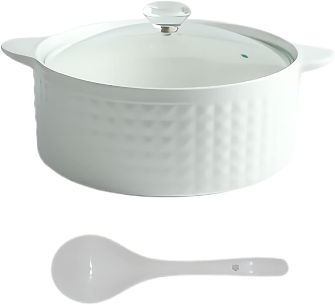 Ceramic Serving Soup Tureen with Glass Lid and Ceramic Ladle Set 2L Large Porcelain Serving Soup Bowls for Home Kitchen Restaurant Decoration, White, 2 Quart, Modern
