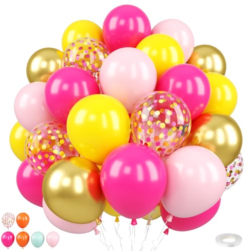 Image of Pink Yellow Balloons, 50Pcs 12 Inch Metallic Gold Confetti Latex | Hot Pink Yellow Balloons for Girls Birthday Baby Shower Bridal Wedding Summer Photo Backdrop Party Decor