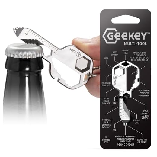 Geekey Multi-tool – Key shaped pocket tool for your keychain w/bottle opener, screwdriver, ruler, wrench, bit driver, file, bike spoke key - stainless steel and TSA friendly.