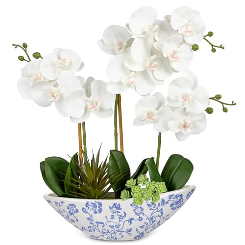 Briful White Orchid Fake Flowers 17in Artificial Orchid Silk Flowers in Blue and White Ceramic Pot Faux Orchid Arrangement for Home Office Bathroom Dining Table Modern Decoration