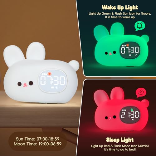 Image of Bunny Alarm Clock with Night Light for Kids with Sleep Training and Sound Machine, Rechargeable Silicone Lamp OK to Wake Clock,Cute Animal Tabletop Lamp, Perfect Sleep Companion for Boys Girls