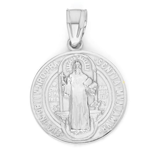 Solid 14k White Gold Saint Benedict Pendant - Double Sided Religious Medal