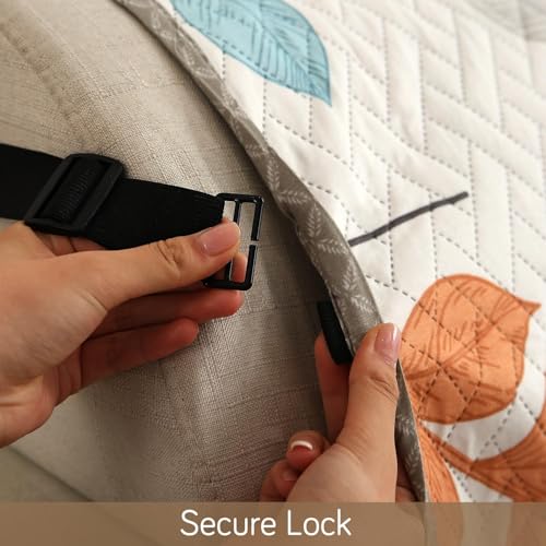 Image of Printed Quilted Sofa Mat for 3 Seater - Floral Design Slipcover with Armrest, Pockets on Both Sides, Fully Covered Sofa Protector - Orange Grey