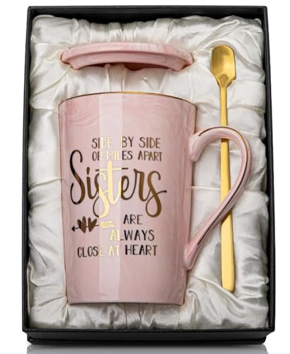 Sister Birthday Gifts, Sister Gifts from Brother Sisters - Gift for Sisters on Her Birthday Christmas, 14OZ Marble Ceramic Coffee Mug with Lid Card Spoon, Present Box