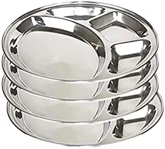 Stainless steel set of 4 round dinner plates four section