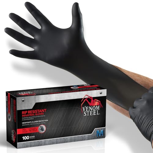 Image of Venom Steel Industrial Nitrile Gloves,Chemical Resistant Disposable Black Gloves,Latex-Free,Powder-Free,Textured Grip,Heavy Duty Two-Layer Protection,6 mil,Medium,(Pack of 1000)