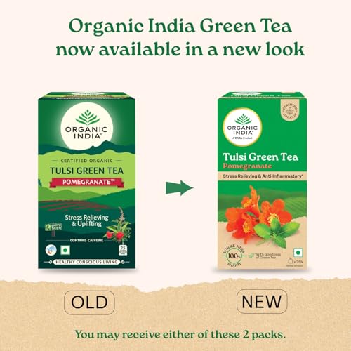 Image of A TATA Product - Organic India Tulsi Green Tea Pomegranate - 25 Tea Bags, Certified Organic, Stress Relief, Rich in Antioxidant, Tulsi & Pomegranate Infusion