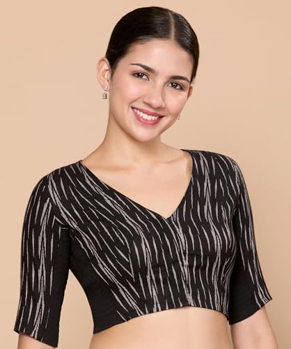 Image of Studio Shringaar Women's Cotton Half Sleeves Ikat Stretchable (Smocked) Readymade Saree Blouse