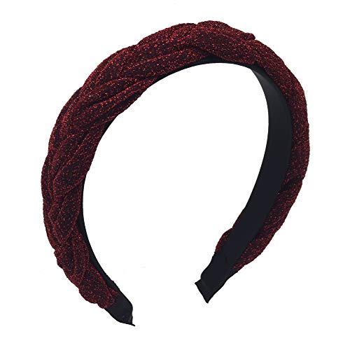 MHDGG Solid Braided Padded Headband for Women Girls,Glittering Headbands Knotted Headband Wide Twisted Vintage Headwear Barrette Styling Tools Accessories,Wine Red