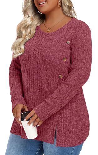 Image of HOTGIFT Womens Plus Size Sweater Tops Long Sleeve Crewneck Casual Tunic Shirts Buttons XL-5XL Blouse Soft Comfy Fashion