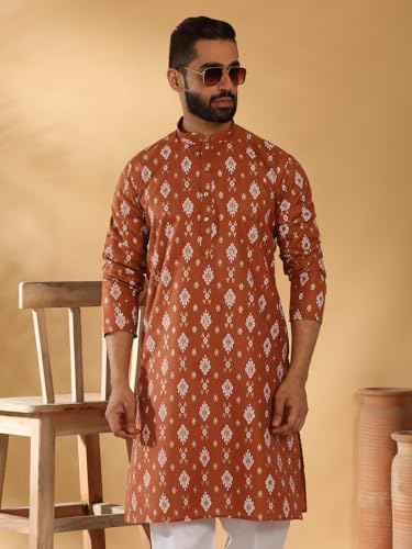 Image of KRAFT INDIA Men's Cotton Blend Geometric Printed Straight Long Regular Kurta and Elastic Waistband Pyjama Set