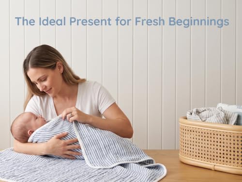 Image of Ultra Soft 6-Layer Cotton Muslin Baby Blanket 41 inchx41 inch Breathable Lightweight Swaddle Blankets for Baby Boys Toddlers Newborn Birthday Gift Blue Striped Jacquard