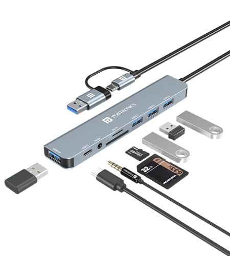 Portronics Mport 8 Plus Dual Plug 8-in-1 Docking Station/Hub with AUX, USB 3.0, microSD/SD Card Reader, Type-C Data, USB 2.0, Type-C and USB Plug for Laptop, Mac, PC (Grey) view 1