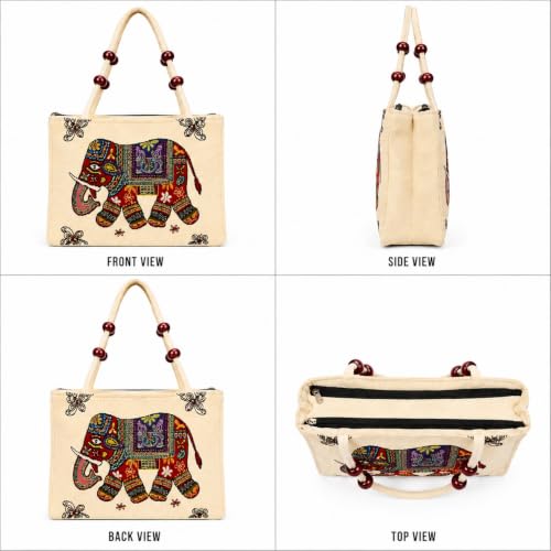Image of Elephant Print Canvas Tote Bag for Women, Ethnic Shoulder Handbag with Multicolor Elephant Design, Dual Handle Everyday Carry Bag for Shopping, Office, College, Travel & Daily Use