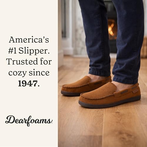 Image of Dearfoams Men's Keaton Moccasin House Shoes With Memory Foam, Indoor Slippers With Wide Widths