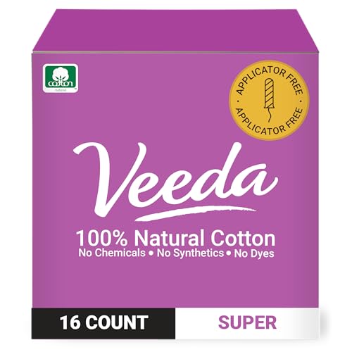 Veeda 100% Natural Cotton Tampons Super Absorbency - Non-Applicator Tampons with leak proof protection - Unscented, Chlorine & Toxin Free - 16 Count