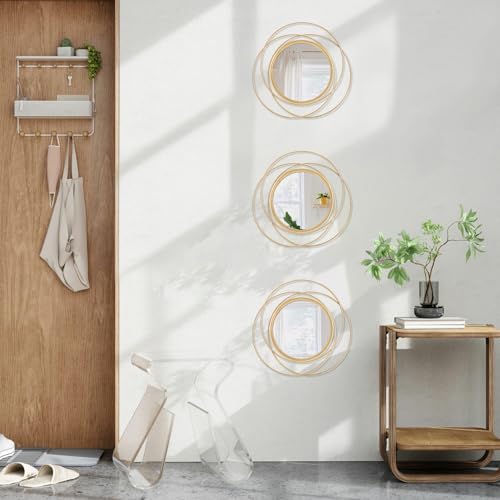 Gold Circle Mirrors Set of 3 – Decorative Wall Art for Bedroom, Living Room, and Entryway (12'' Round)