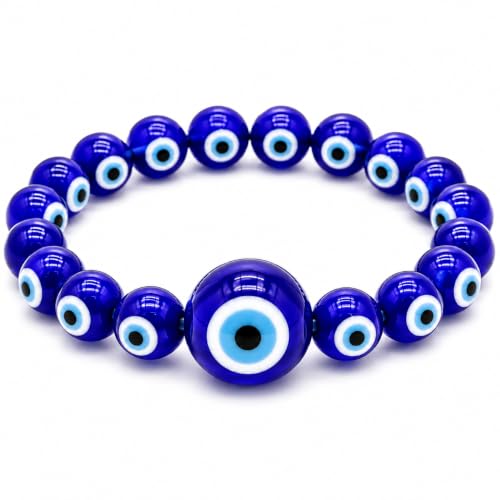 Image of Arihant Gems & Jewels Feng Shui Blue Evil Eye Bracelet with Laughing Buddha Charm | Nazar Batu Beaded Stretch Bracelet for Protection, Good Luck & Prosperity (Unisex)