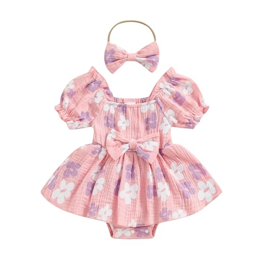 Image of Baby Girls Floral Cotton Leotard Romper Newborn Daisy Playsuits Ruffled Sleeve Onesie Infant Jumpsuit Clothes Headband