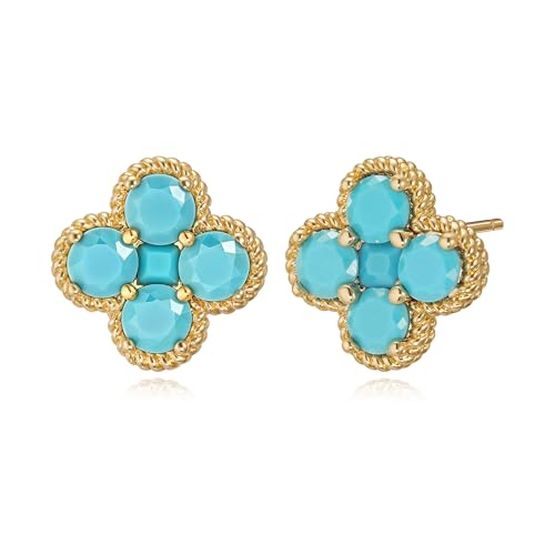 Gold Stud Earrings for Women Trendy 14K Gold Plated Dainty Small Red Flower Cubic Zriconia Clover Studs Birthstone Earrings Jewelry for Women Birthday Gifts