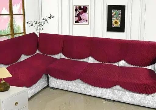 Image of L Shape 7 Seater Velvet Sectional Sofa Cover, Quilted with Fringe Detail, L-Shaped Couch Protector-Pack of 14 (Maroon)