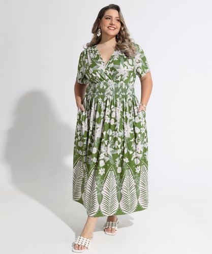 Image of CARCOS Plus Size Dresses for Curvy Women V Neck Summer Maxi Dress Short Sleeve Floral Boho Dress Smocked Waist Beach Dress