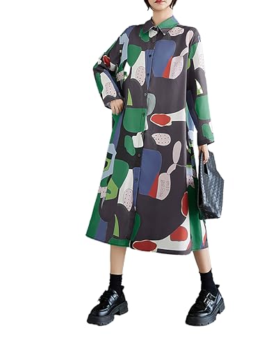 Image of ellazhu Womens Fall Casual Patchwork Funky Long Sleeve Designer Dress Loose Blouse GY2787 A