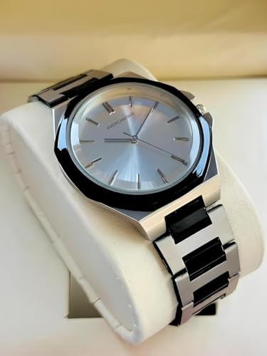Image of AMERICANVIBER Modern Analog Watch, Silver and Black Two-Tone Stainless Steel Band, Octagonal Case, White Dial for Men