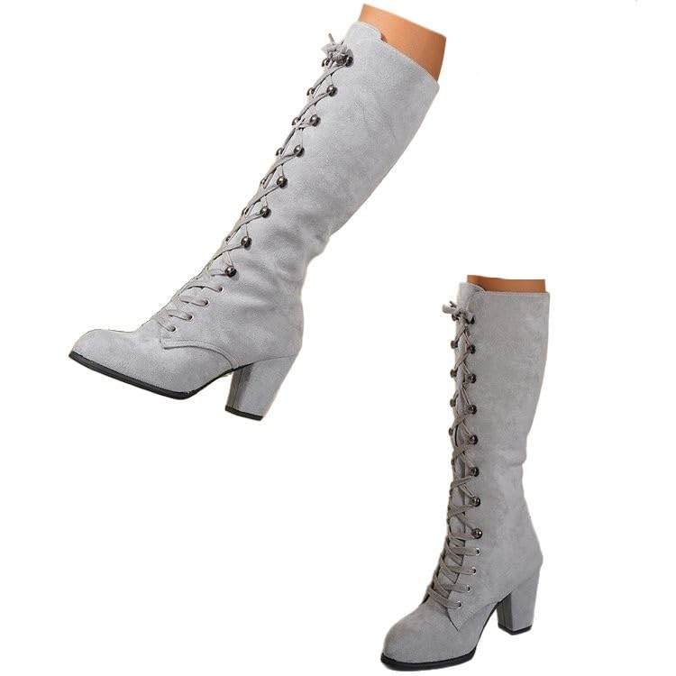 Womens Faux Suede Knee High Lace Up Boots Chunky Heel Gothic Victorian Fall Boots