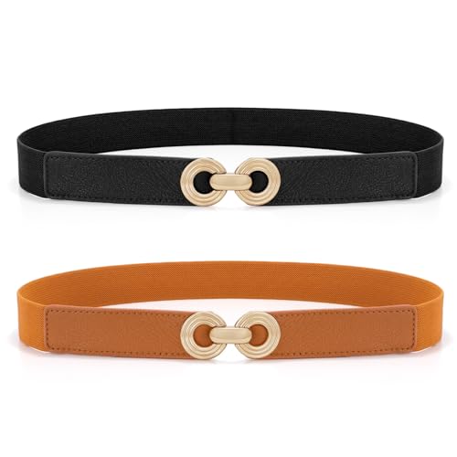 WHIPPY 2 Pack Women Skinny Elastic Belt for Dresses Ladies Thin Stretchy Waist Belt with Round Gold Buckle
